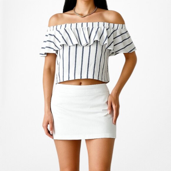 Topshop White Off Shoulder Ruffle Striped Top Size XS - Picture 1 of 7